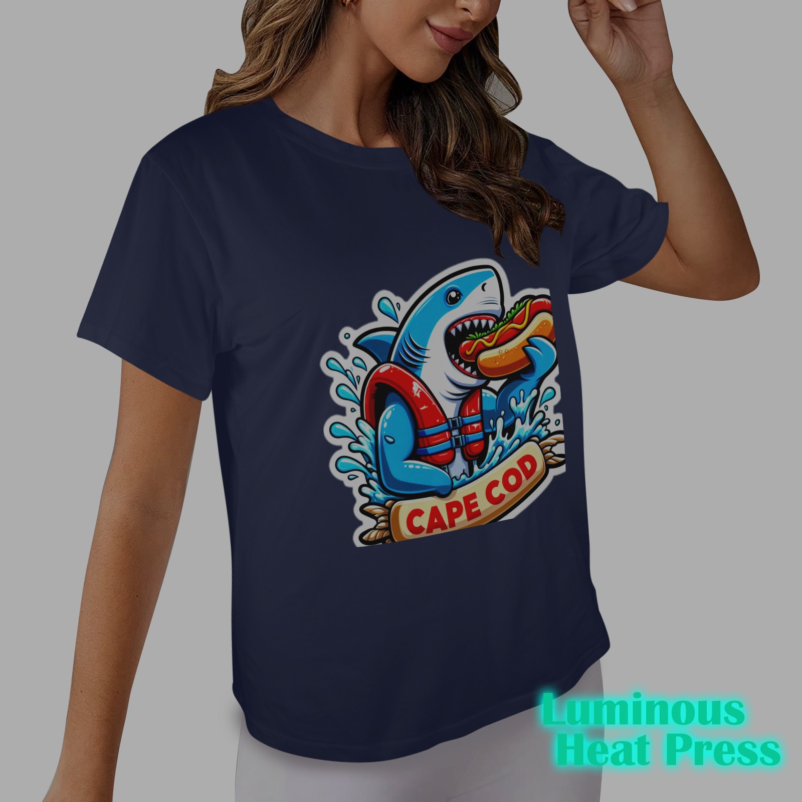 CAPE COD-GREAT WHITE EATING HOT DOG 2 Women's Glow in the Dark T-shirt (Front Printing)