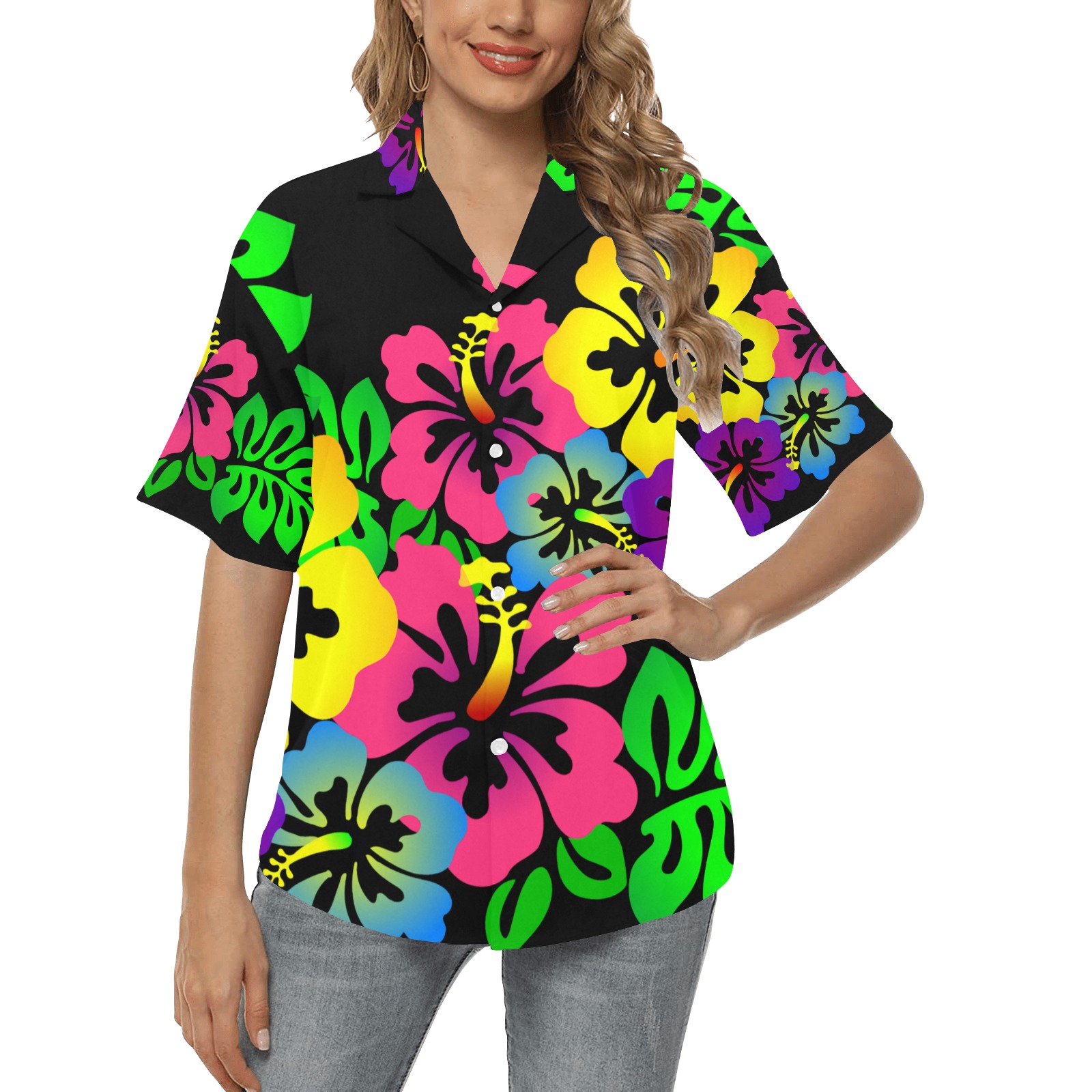 Hibiscus Hawaiian Flowers on Black All Over Print Hawaiian Shirt for Women (Model T58)