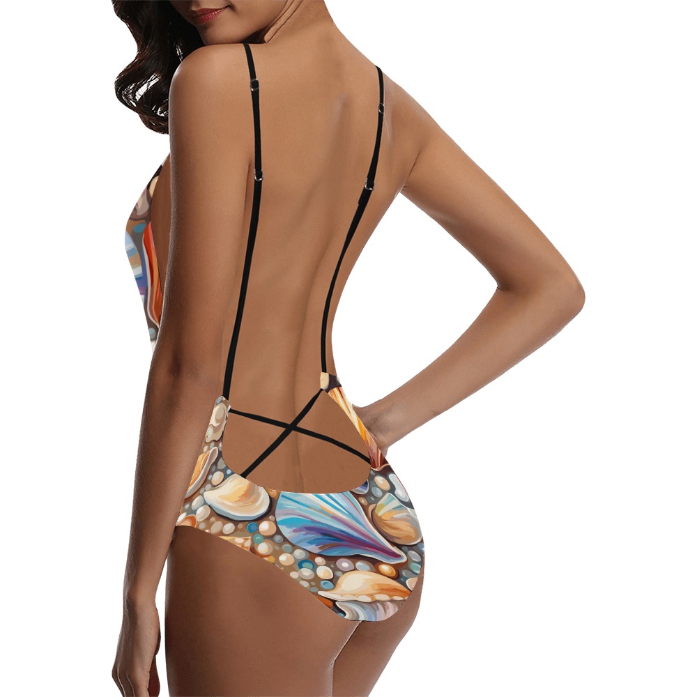 Fantastic pattern of shells, conches, pearls art. Sexy Lacing Backless One-Piece Swimsuit (Model S10)