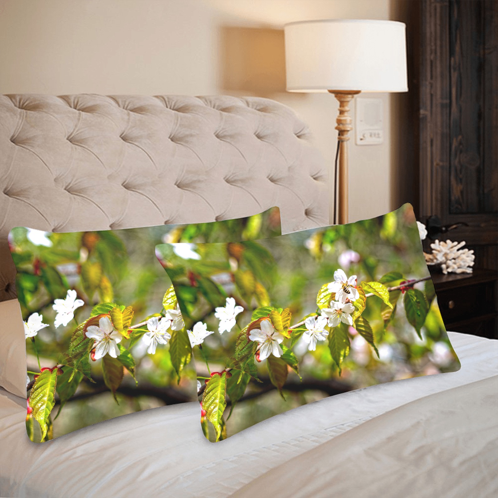 Small bee on a sakura flowers on a sunny day. Custom Pillow Case 20"x 30" (One Side) (Set of 2)