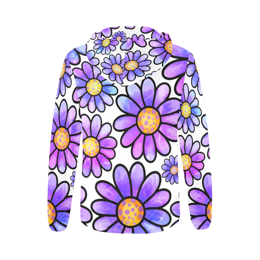Lilac Watercolor Doodle Daisy Flower Pattern All Over Print Full Zip Hoodie for Women (Model H14)