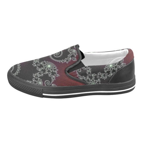 Black and White Lace on Maroon Velvet Fractal Abstract Men's Slip-on Canvas Shoes (Model 019)