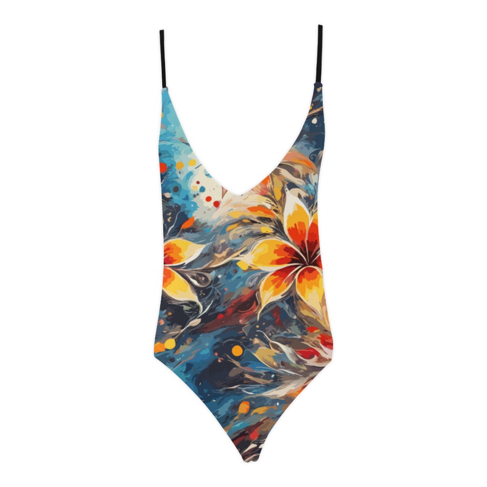 Fantasy colorful flowers on bluish background. Sexy Lacing Backless One-Piece Swimsuit (Model S10)