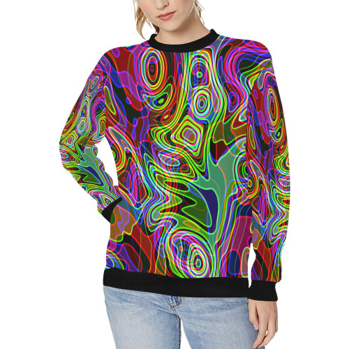 Abstract Retro Neon Pattern Background Design Women's Rib Cuff Crew Neck Sweatshirt (Model H34)
