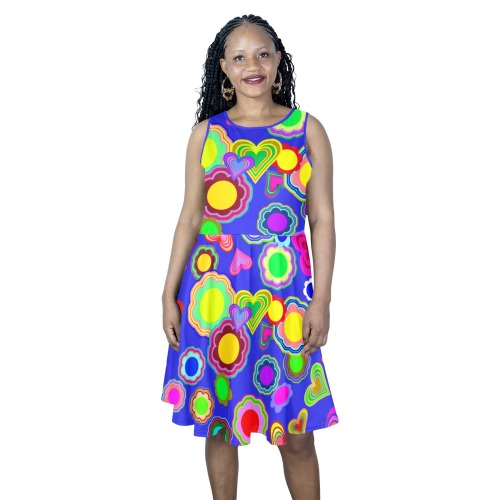 Groovy Hearts and Flowers Blue Sleeveless Expansion Dress (Model D60)