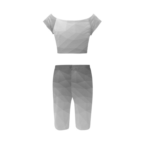 Grey Gradient Geometric Mesh Pattern Women's Crop Top Yoga Set