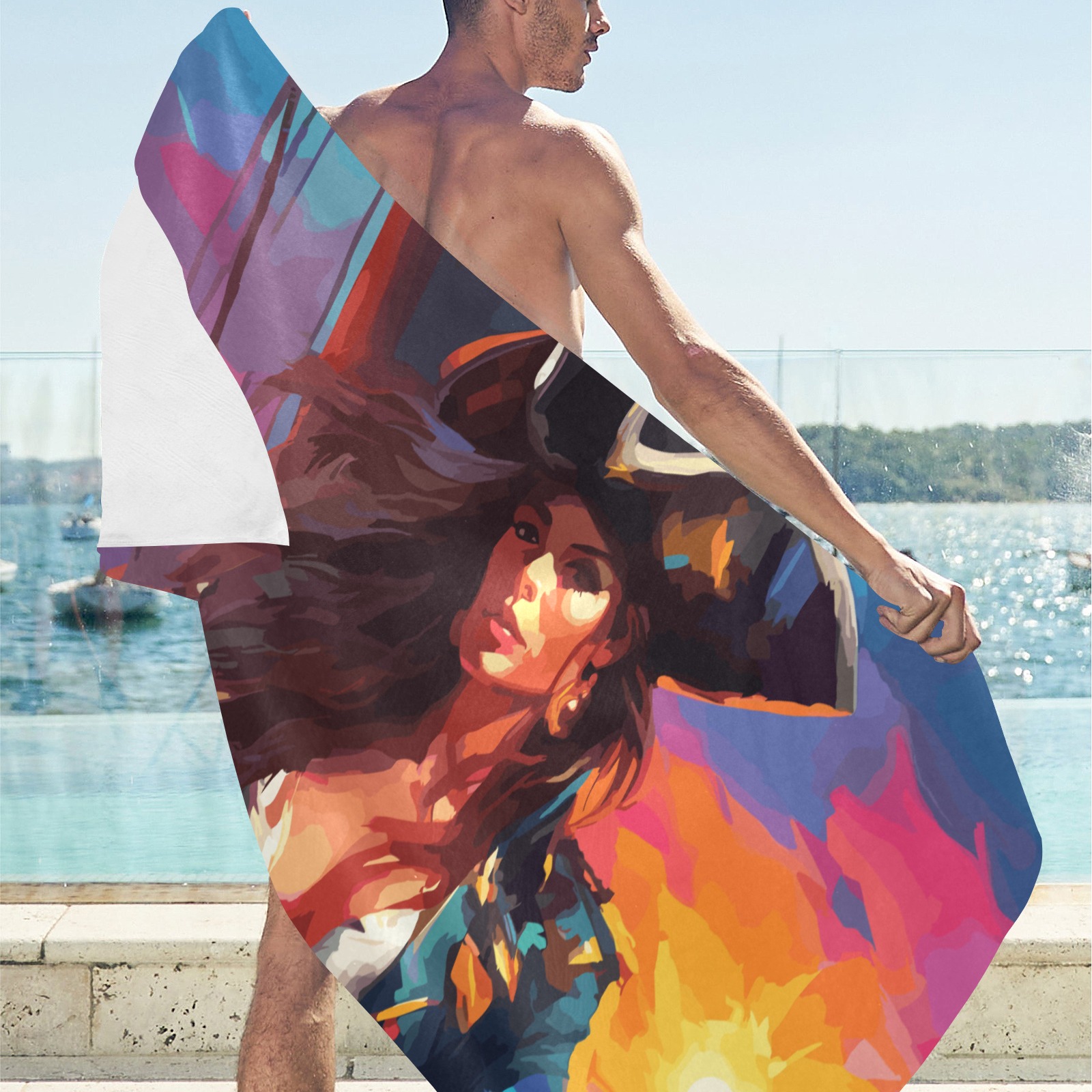 Pirate girl master and commanter at ocean sunset. Beach Towel 32"x 71"