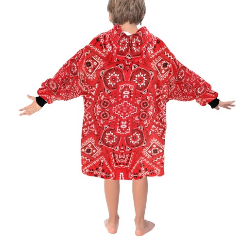 Red Bandana Squares Black Cuff Blanket Hoodie for Kids