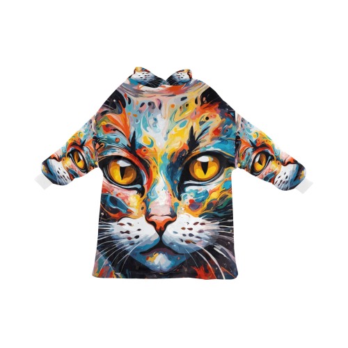 Fantasy cat face and decorative flowers art. Blanket Hoodie for Kids