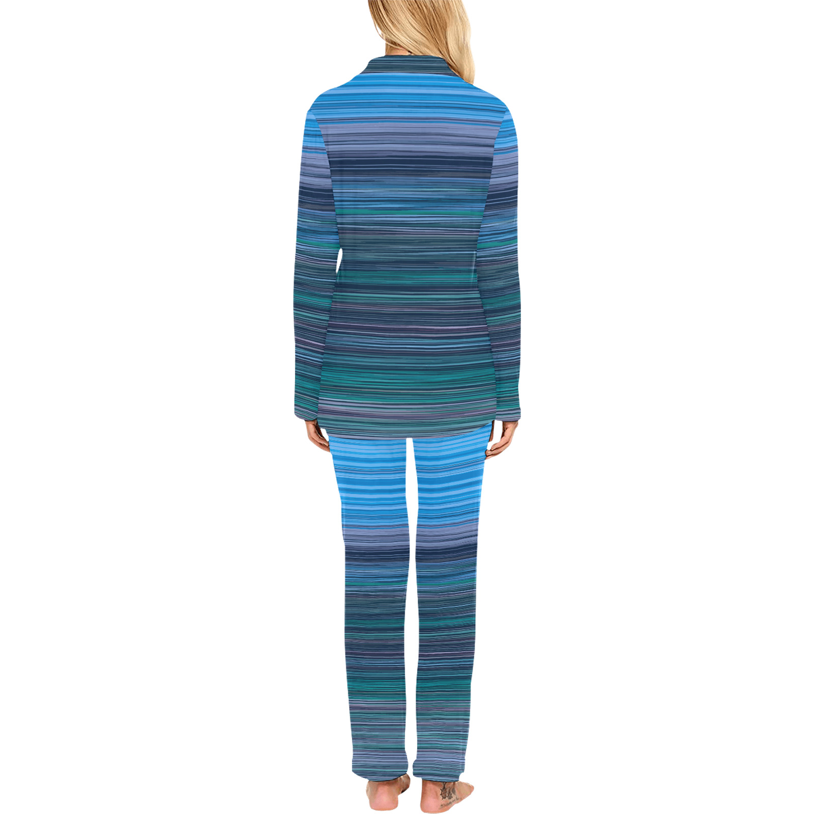 Abstract Blue Horizontal Stripes Women's Long Pajama Set