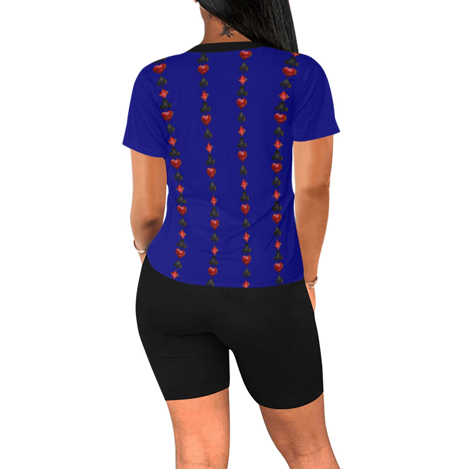 Black and Red Casino Card Shapes on Blue Women's Short Yoga Set