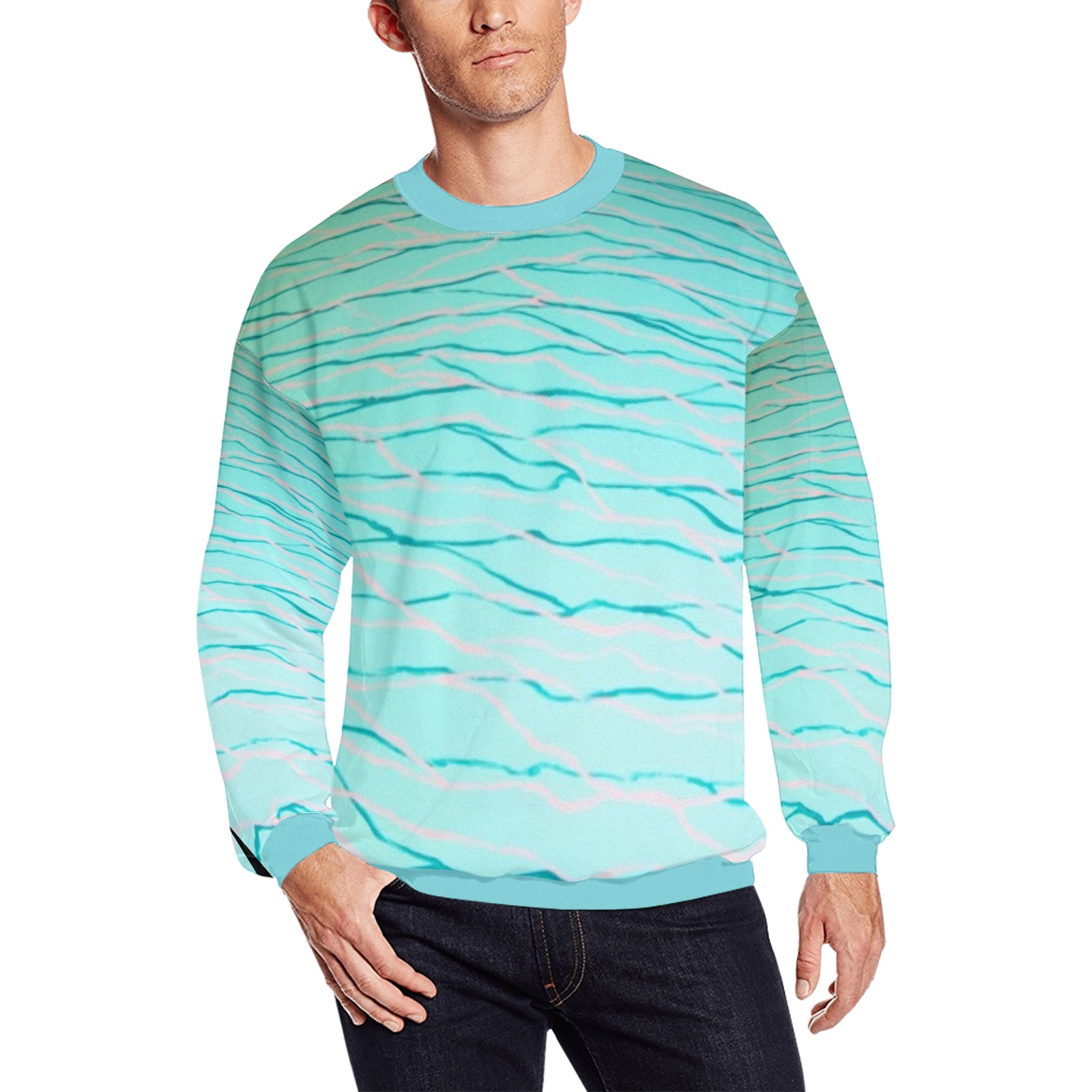 Aquamarine Blue- aqua collar & cuff Men's Oversized Fleece Crew Sweatshirt (Model H18)