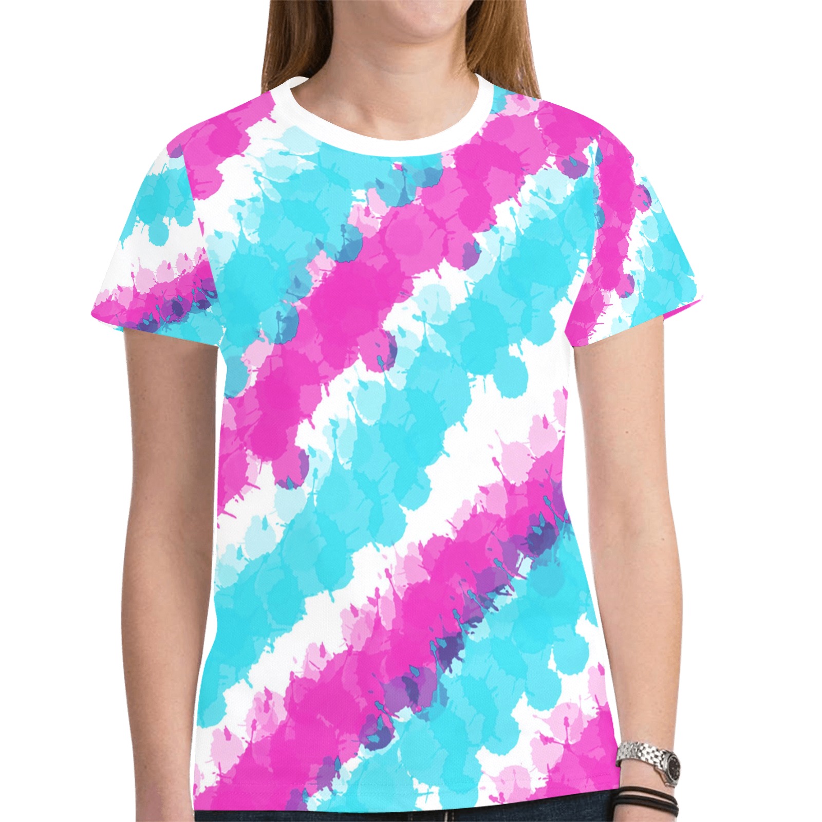 Blue & Pink Bright Splatter New All Over Print T-shirt for Women (Model T45)