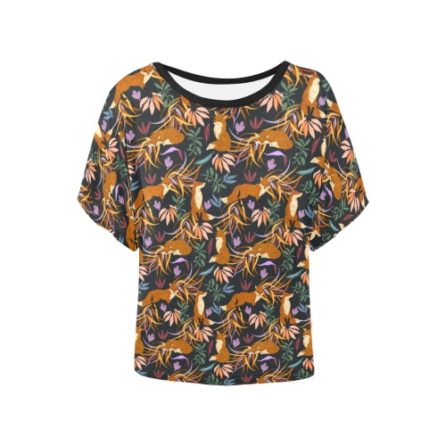 Nice foxes on the colorful plants Women's Batwing-Sleeved Blouse T shirt (Model T44)