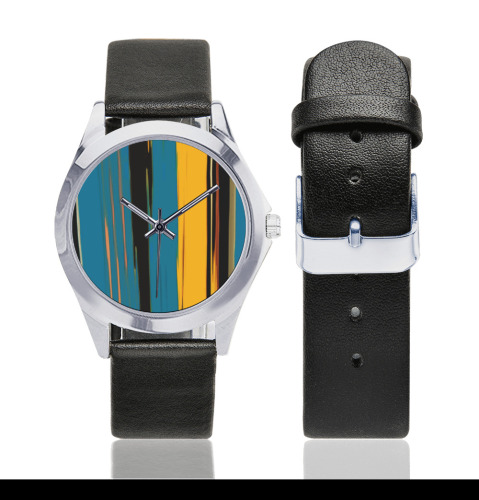 Black Turquoise And Orange Go! Abstract Art Unisex Silver-Tone Round Leather Watch (Model 216)