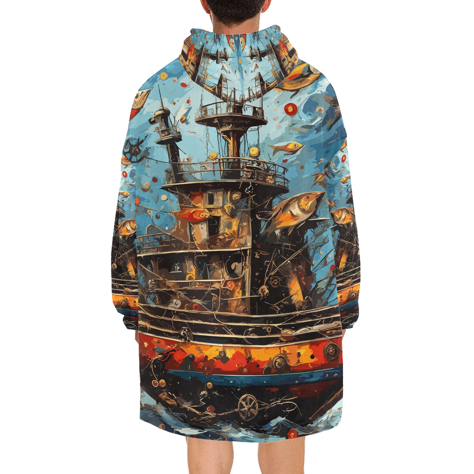 Fairy tale fantasy ship at sea and fishes art. Blanket Hoodie for Men