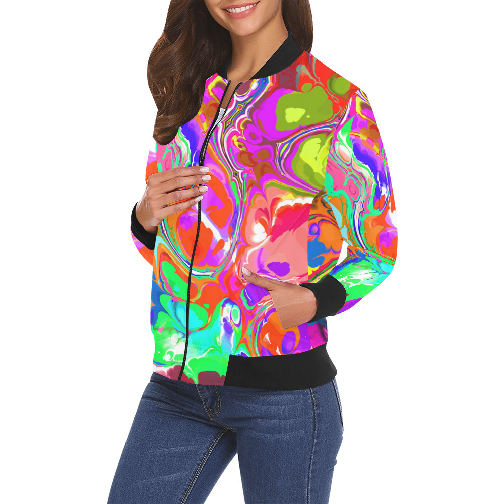Psychedelic Abstract Marble Artistic Dynamic Paint Art All Over Print Bomber Jacket for Women (Model H19)
