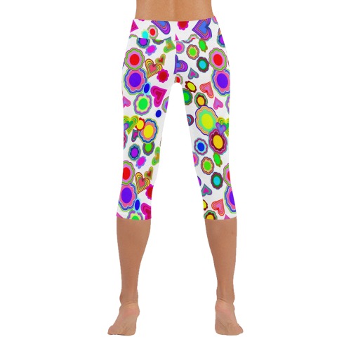 Groovy Hearts and Flowers White Women's Low Rise Capri Leggings (Invisible Stitch) (Model L08)
