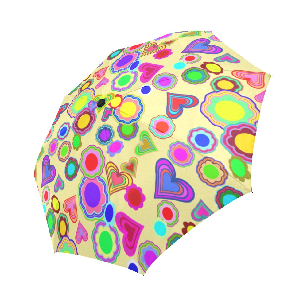 Groovy Hearts and Flowers Yellow Auto-Foldable Umbrella (Model U04)