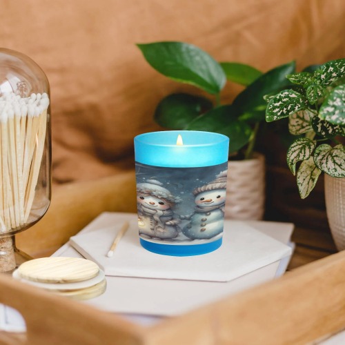 Snowman Couple Blue Glass Candle Cup (Wood Sage & Sea Salt)