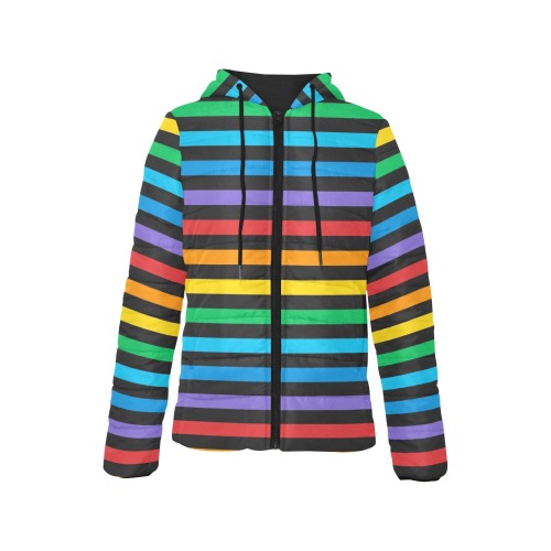 Rainbow Stripes on Black Background Women's Padded Hooded Jacket (Model H46)