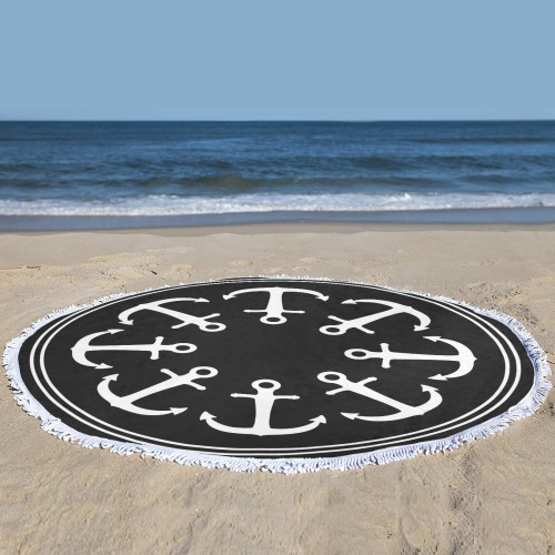 Anchors on Black Circular Beach Shawl Towel 59"x 59"