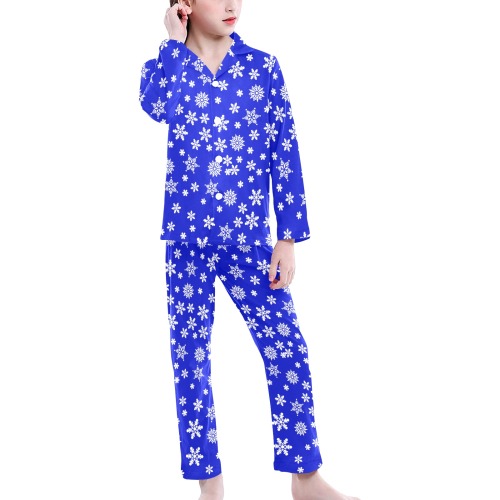 Christmas White Snowflakes on Blue Big Girls' V-Neck Long Pajama Set