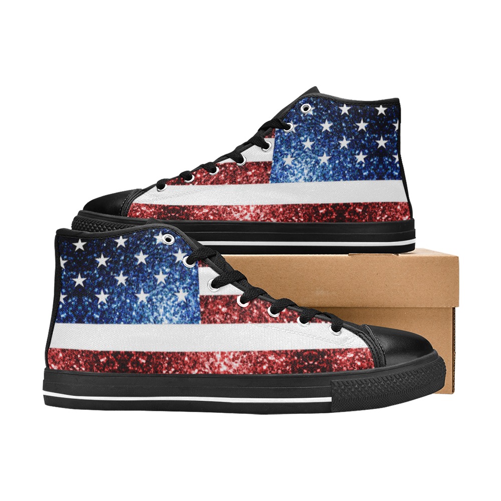 Sparkly USA flag America Red White Blue faux Sparkles patriotic bling 4th of July Women's Classic High Top Canvas Shoes (Model 017)
