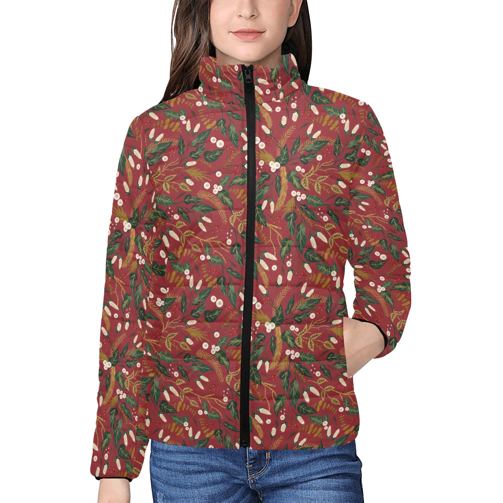 Winter nature red Women's Stand Collar Padded Jacket (Model H41)