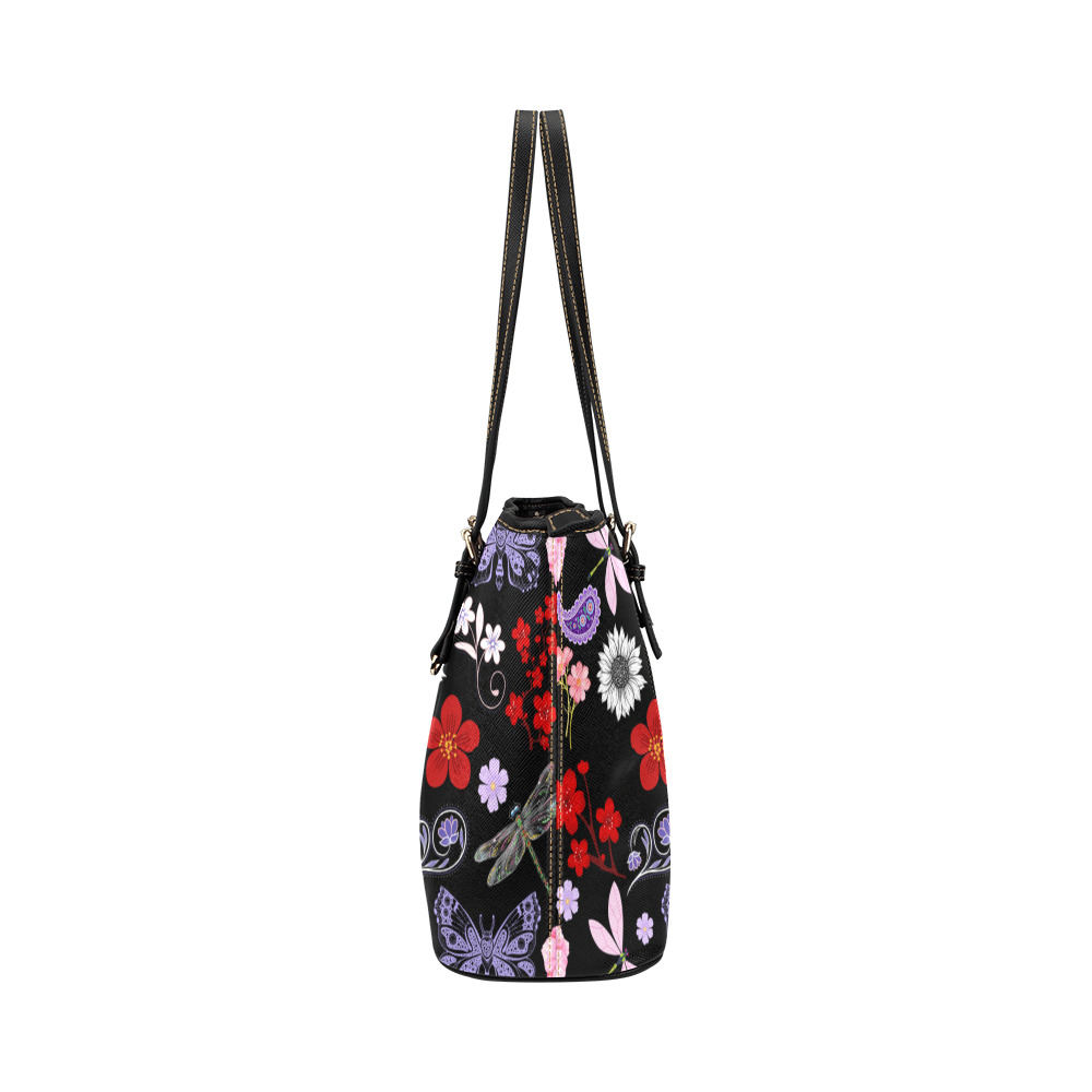 Black, Red, Pink, Purple, Dragonflies, Butterfly and Flowers Design Leather Tote Bag/Large (Model 1651)