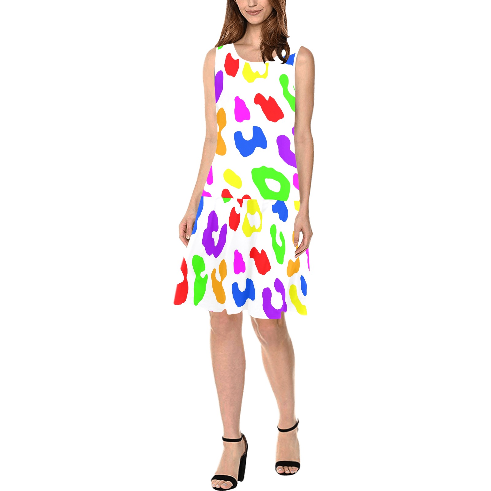 Leopard Print Rainbow White Sleeveless Splicing Shift Dress(Model D17)