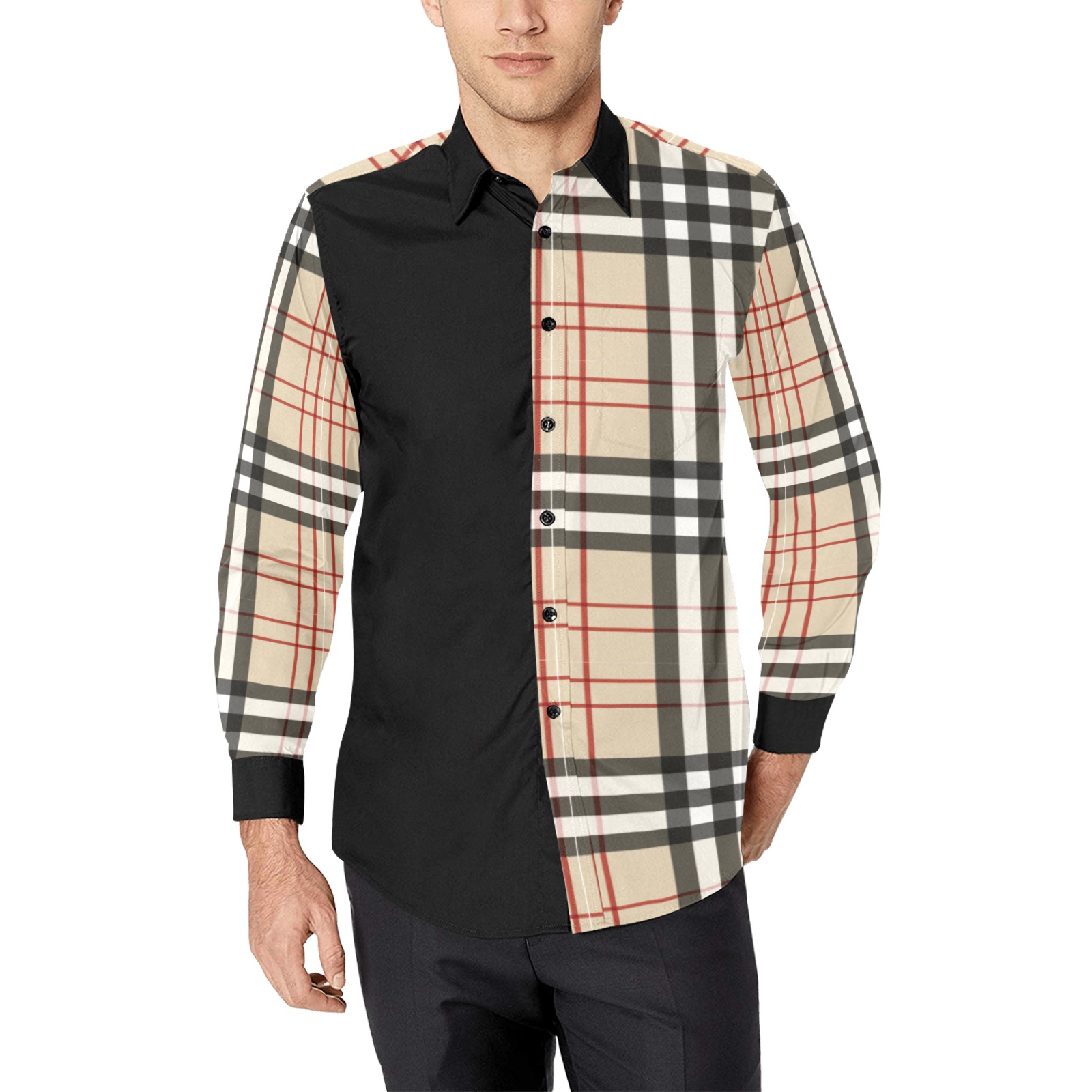 Tan and black plaid Color Block Long Sleeve Button Down Shirt Men's All Over Print Casual Dress Shirt (Model T61)