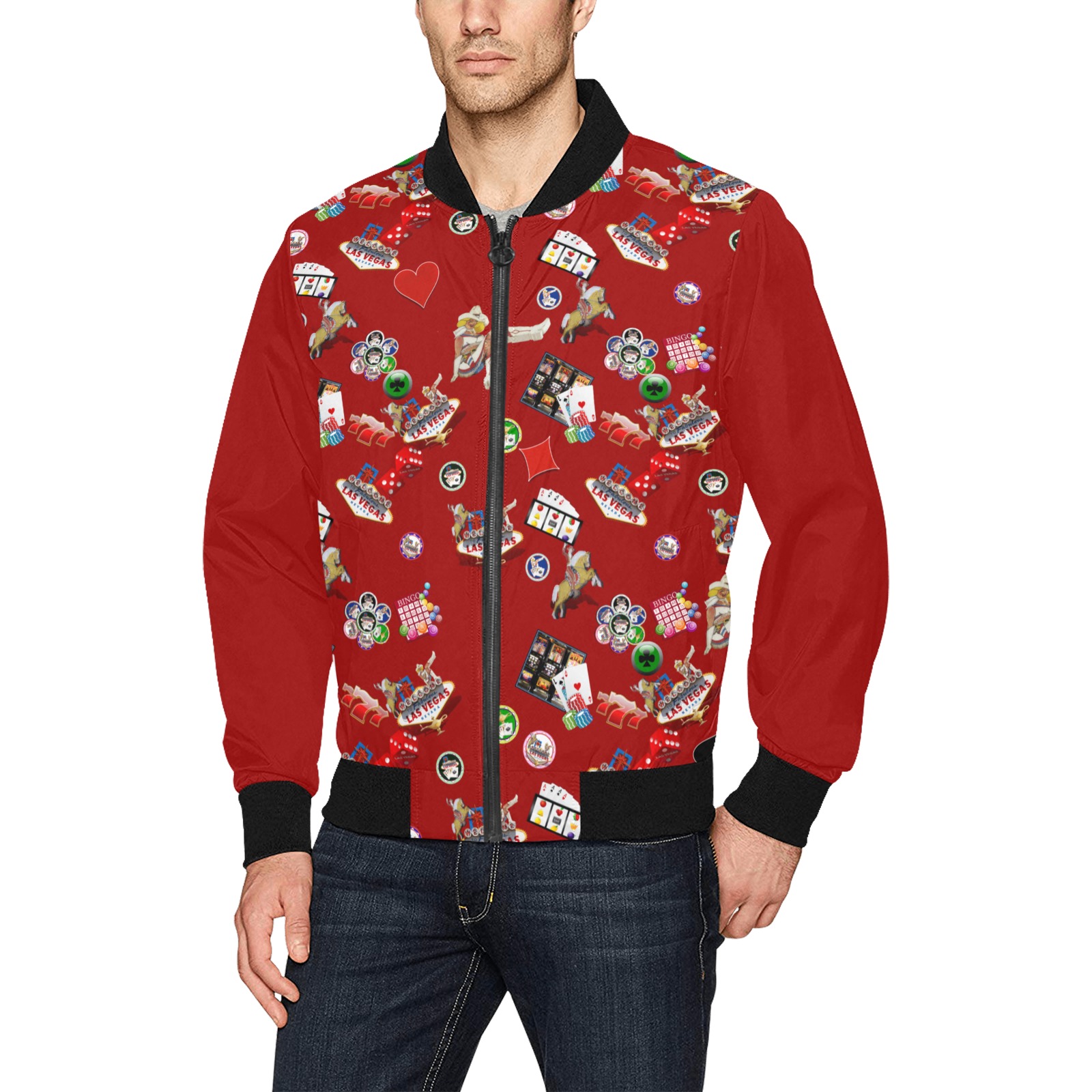 Famous Las Vegas Icons Red All Over Print Bomber Jacket for Men (Model H31)