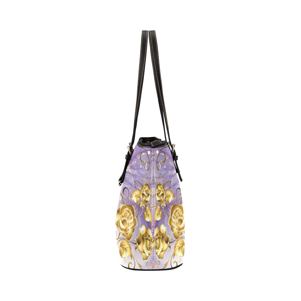 Leather Handbag Tote Women's Purple Flower White Leather Tote Bag/Large (Model 1651)