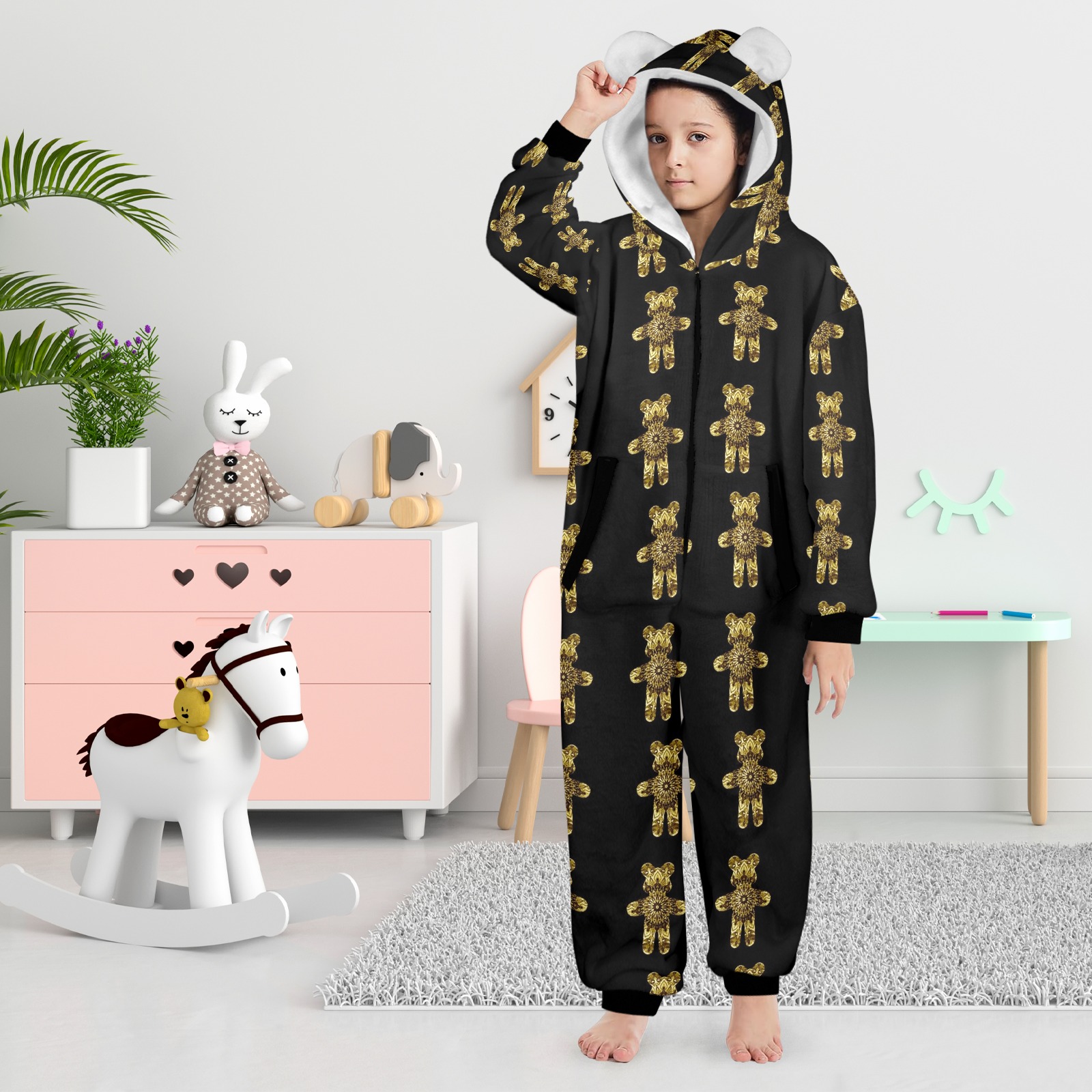 nounours 1h One-Piece Zip Up Hooded Pajamas for Big Kids