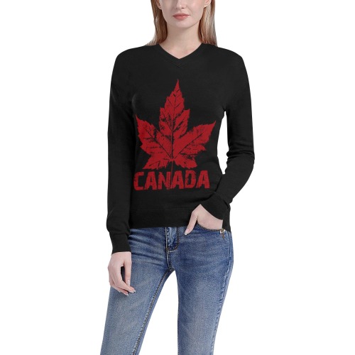 Cool Retro Canada Souvenir Women's All Over Print V-Neck Sweater (Model H48)