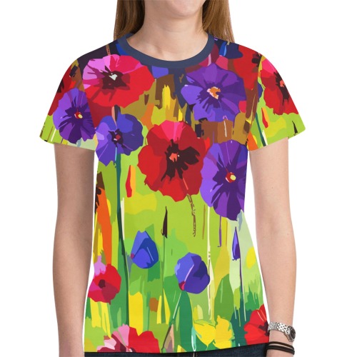 Floral Art Of Colorful Poppy Flowers In The Field New All Over Print T-shirt for Women (Model T45)