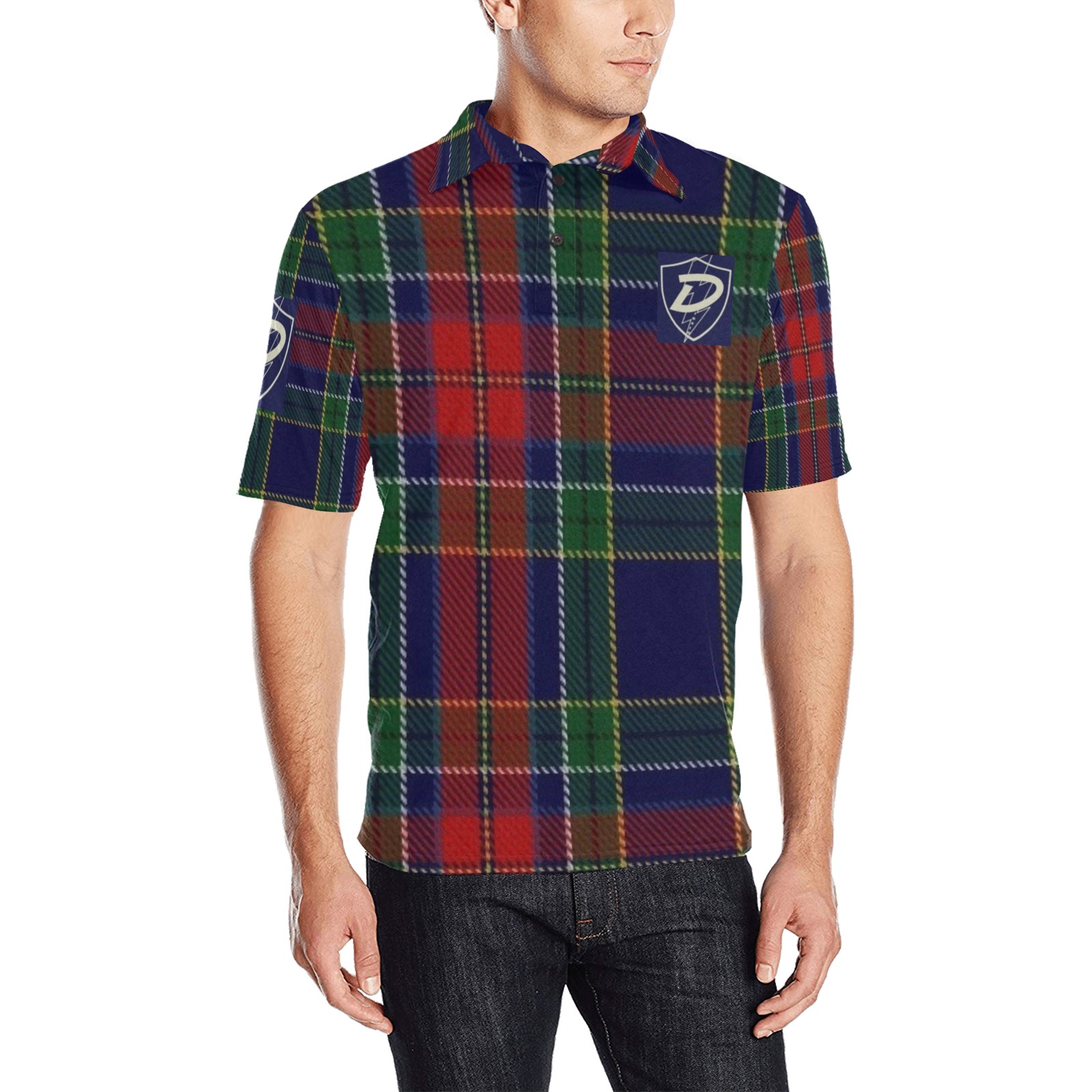 DIONIO Clothing - Men's Plaid Multi-color Polo Shirt (Dark Blue D Shield Logo) Men's All Over Print Polo Shirt (Model T55)
