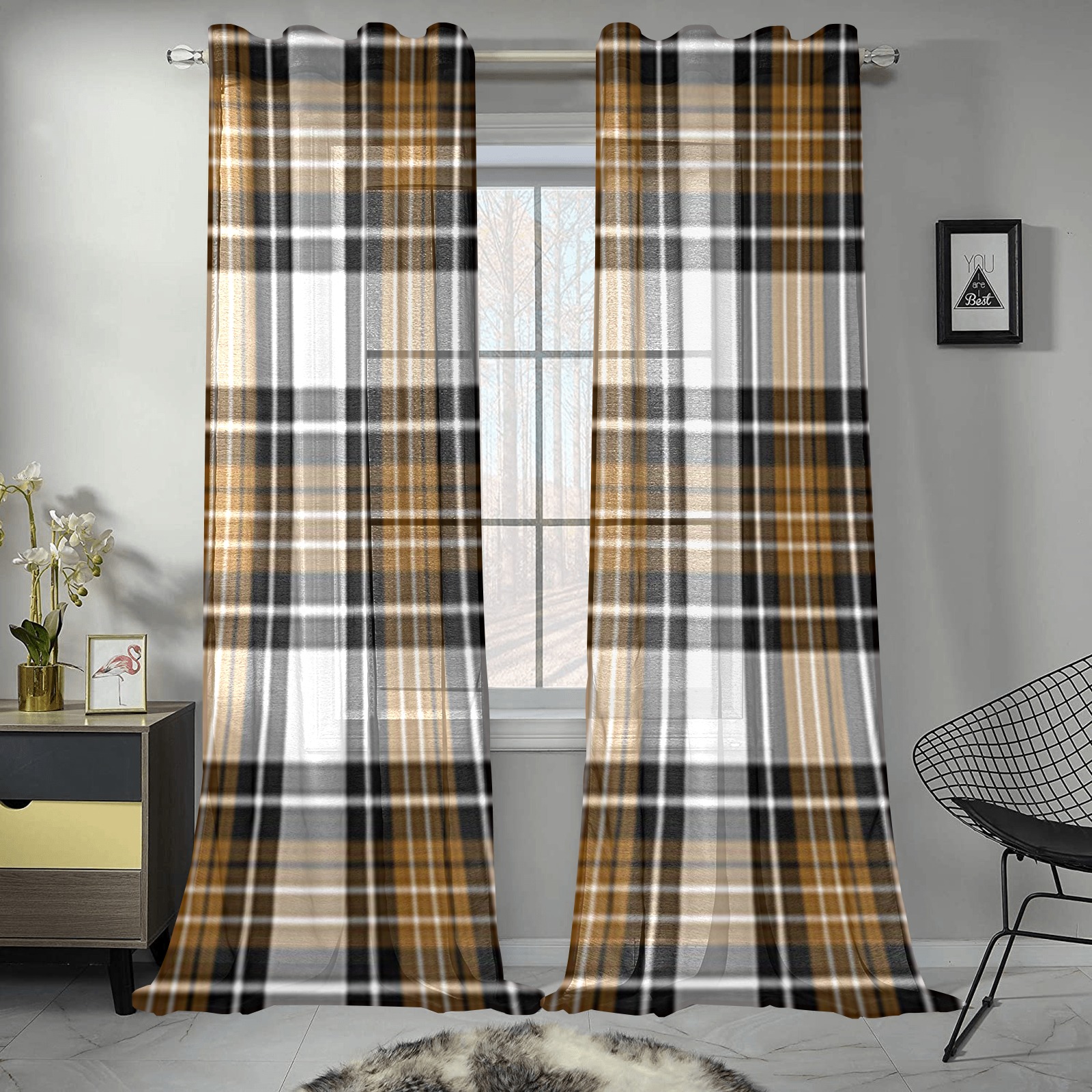Brown Black Plaid Gauze Curtain 28"x95" (Two-Piece)