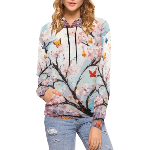 Fantasy sakura cherry blossom tree and butterflies All Over Print Hoodie for Women (USA Size) (Model H13)