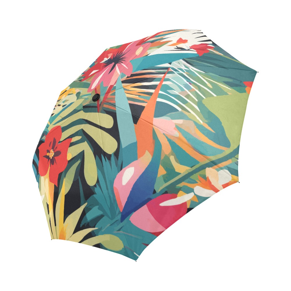 Trendy colorful art of tropical plants, flowers. Auto-Foldable Umbrella (Model U04)
