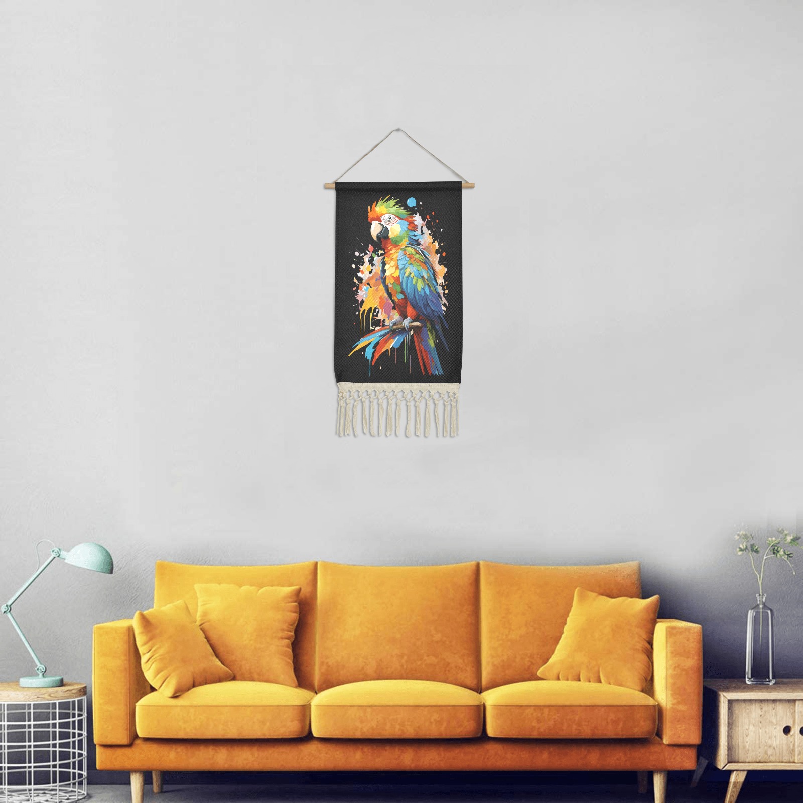 Colorful parrot bird and splashes of paint art. Linen Hanging Poster