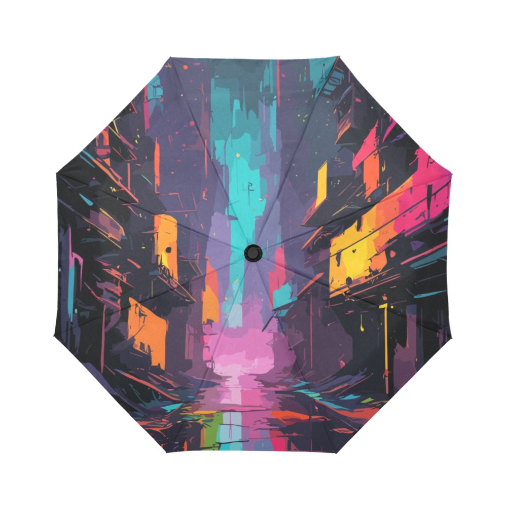 Abstract art of dark fantasy city. Neon colors Auto-Foldable Umbrella (Model U04)