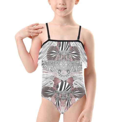zebra butterfly7 Kids' Spaghetti Strap Ruffle Swimsuit (Model S26)