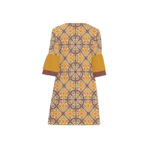 Geometric Abstract Fall Colors - Repper Half Sleeves V-Neck Mini Dress (Model D63)