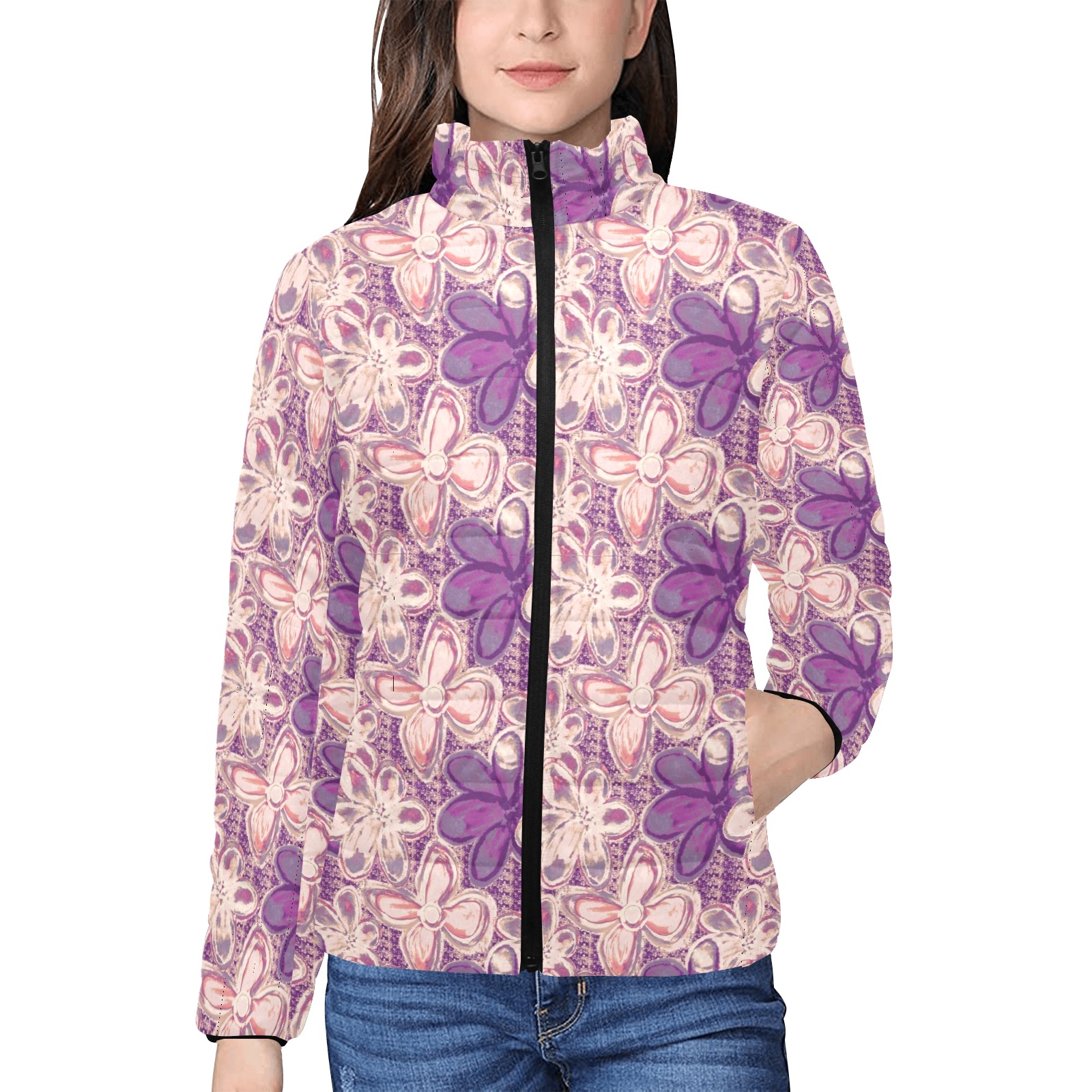 Fashionable floral Women's Stand Collar Padded Jacket (Model H41)
