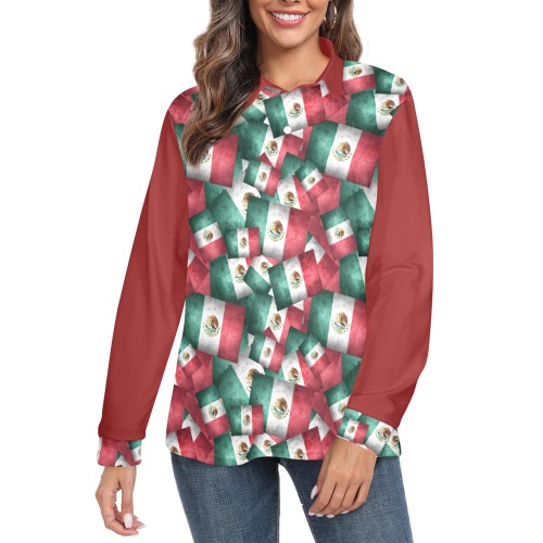 Mexican Flags Pattern / Red Women's Long Sleeve Polo Shirt (Model T73)