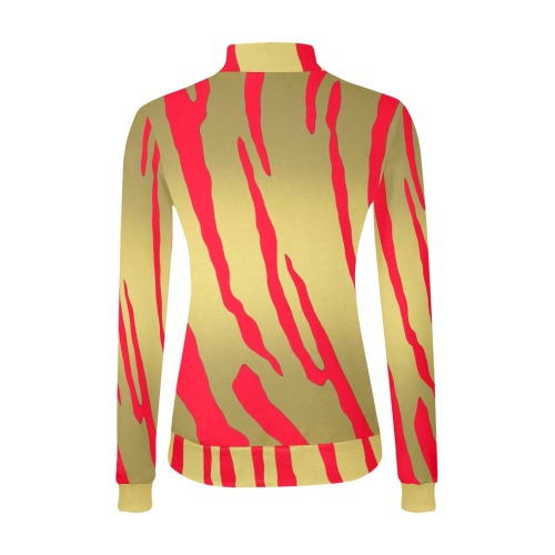 Gold Tiger Stripes Red Women's All Over Print Mock Neck Sweatshirt (Model H43)