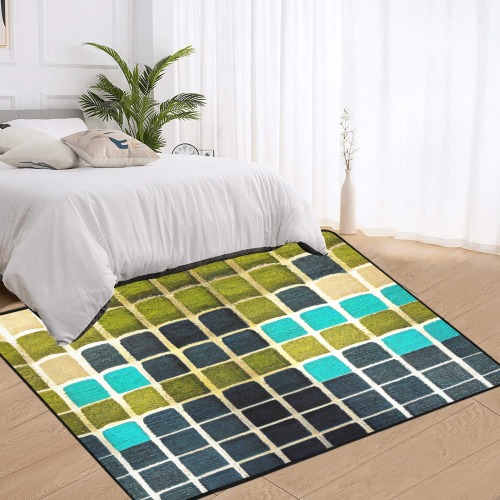 tile style, light and dark green, black and turquoise Area Rug with Black Binding 7'x5'