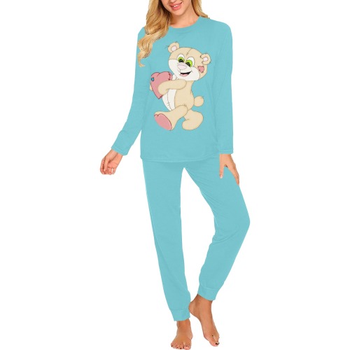 Patchwork Heart Teddy Turquoise Women's All Over Print Pajama Set